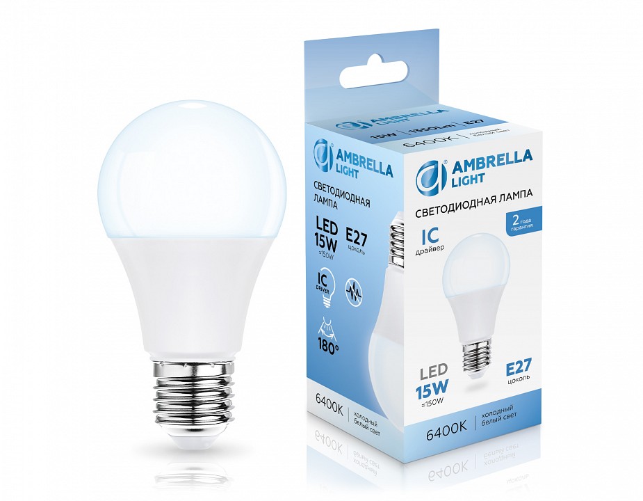 Лампа светодиодная ambrella light a60 e27 15вт 6400k 601506