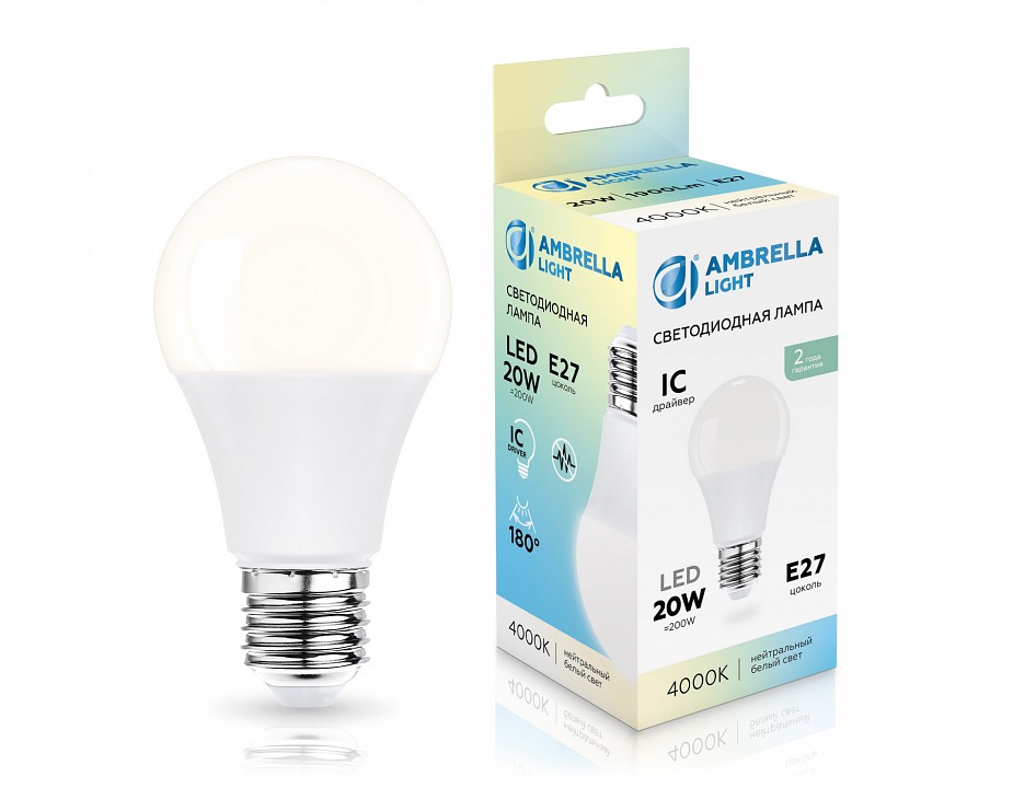 Лампа светодиодная ambrella light a60 e27 20вт 4000k 602004