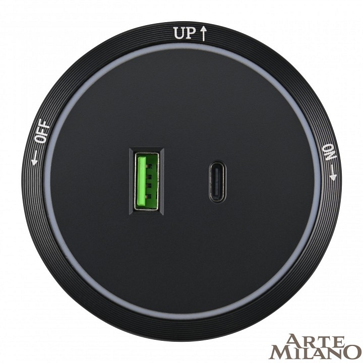 Розетка usb и type c на треке arte milano am-track-sockets 380066ts led/usb-type-c black