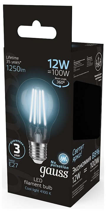 Лампа светодиодная gauss filament e27 12вт 4100k 102902212