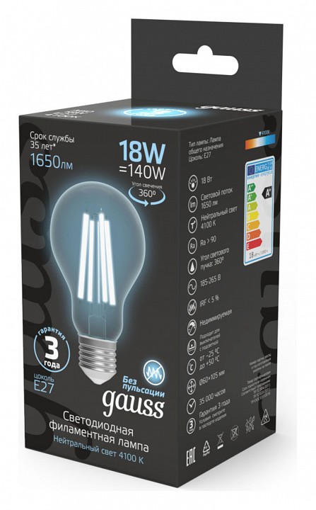 Лампа светодиодная gauss filament e27 18вт 4100k 102902218