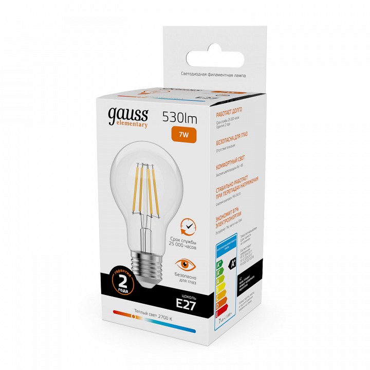 Лампа светодиодная gauss filament elementary e27 7вт 2700k 22217
