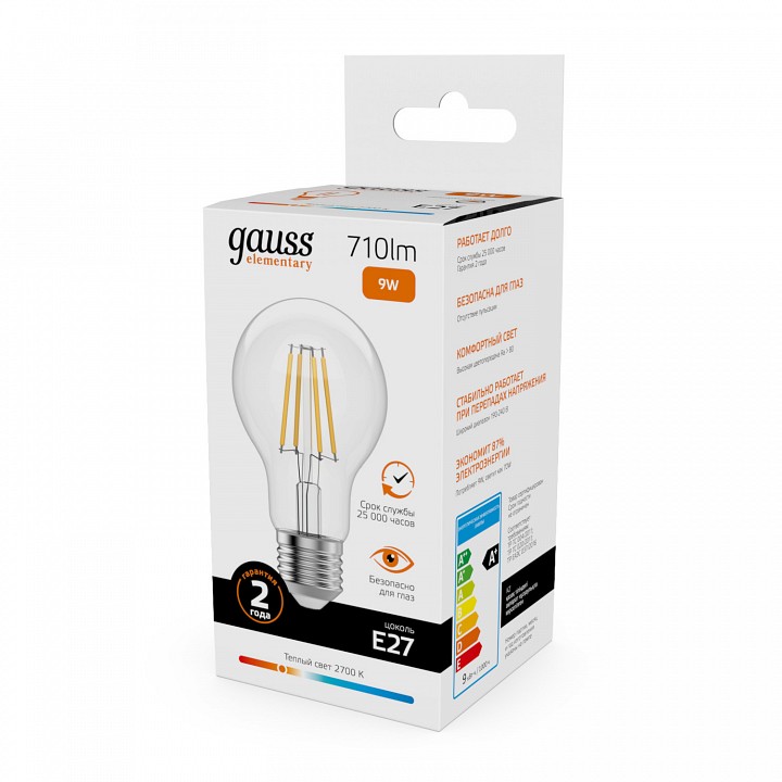 Лампа светодиодная gauss filament elementary e27 9вт 2700k 22219