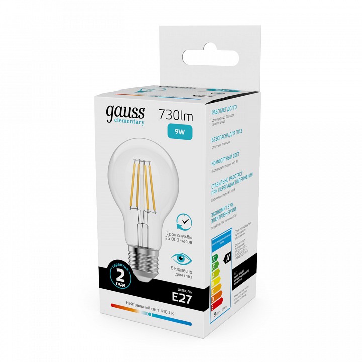 Лампа светодиодная gauss filament elementary e27 9вт 4100k 22229