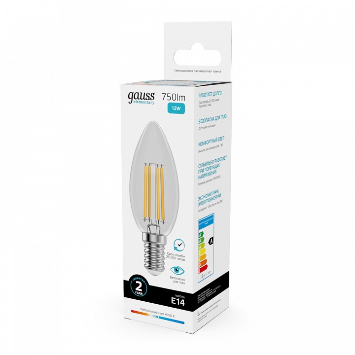 Лампа светодиодная gauss filament elementary e14 12вт 4100k 32122