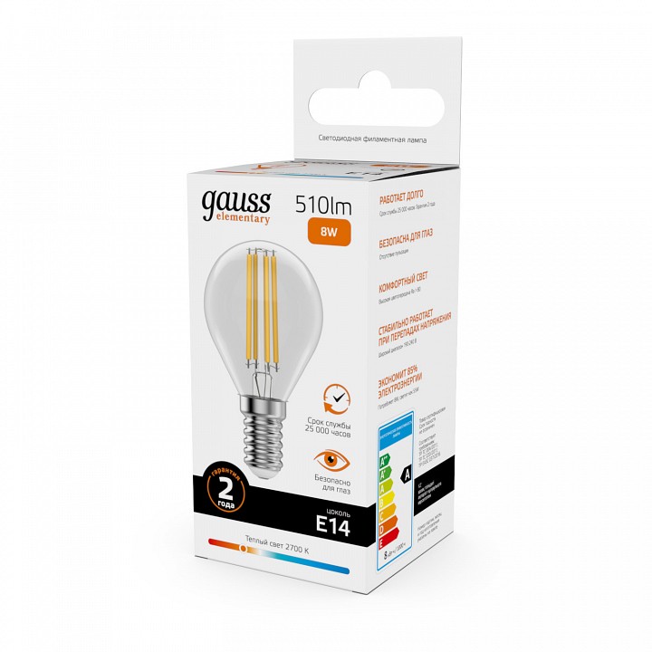 Лампа светодиодная gauss filament elementary e14 8вт 2700k 52118