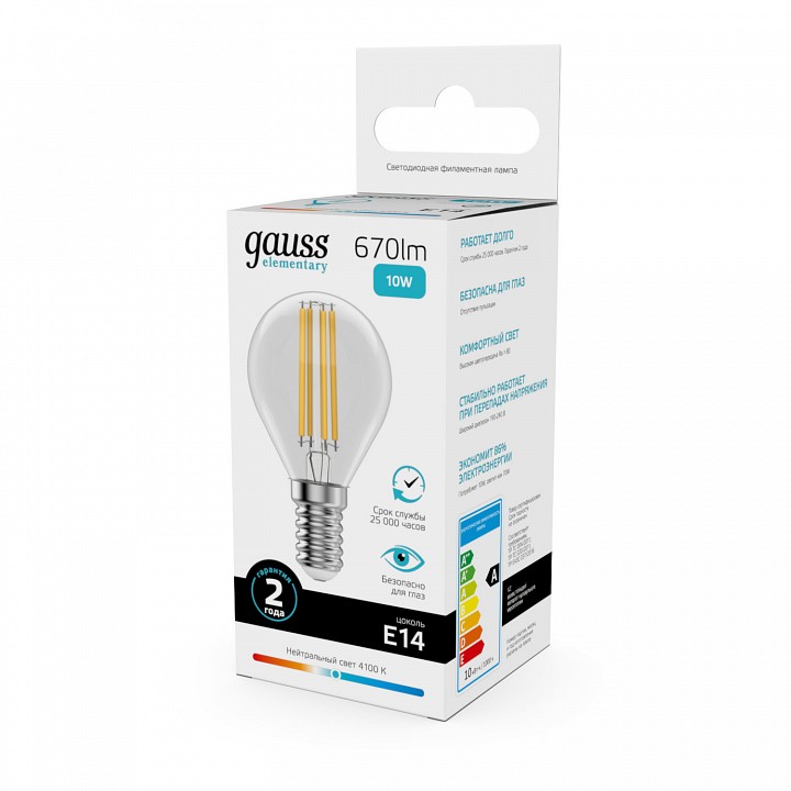 Лампа светодиодная gauss filament elementary e14 10вт 4100k 52120