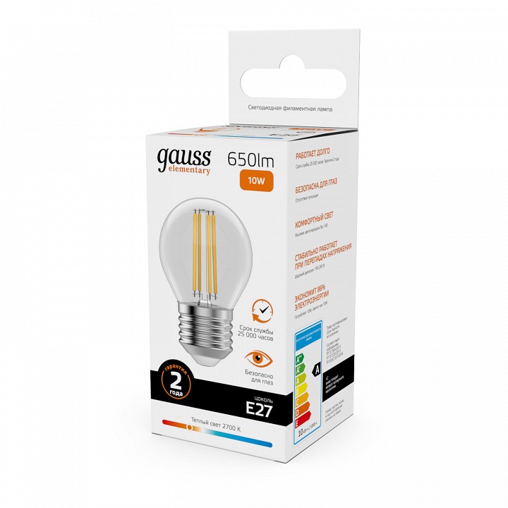 Лампа светодиодная gauss filament elementary e27 10вт 2700k 52210