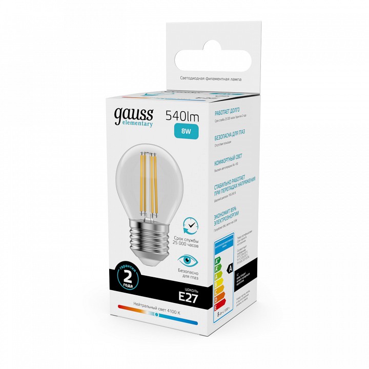 Лампа светодиодная gauss filament elementary e27 8вт 4100k 52228
