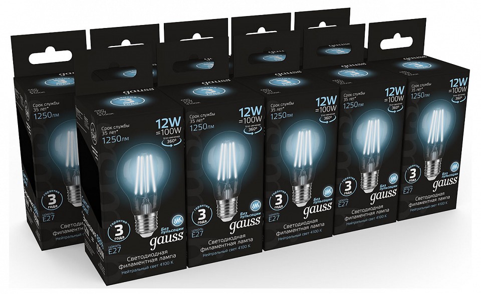Лампа светодиодная gauss filament e27 12вт 4100k 102902212