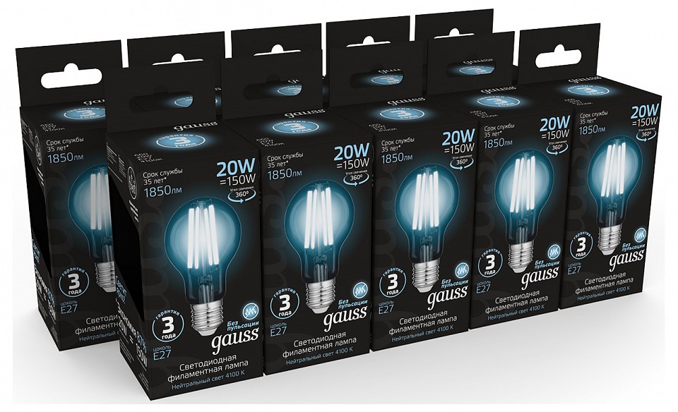 Лампа светодиодная gauss filament e27 20вт 4100k 102902220