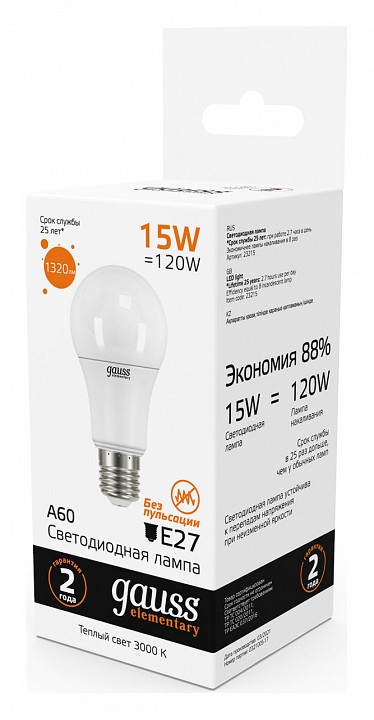 Лампа светодиодная gauss led elementary a60 e27 15вт 3000k 23215