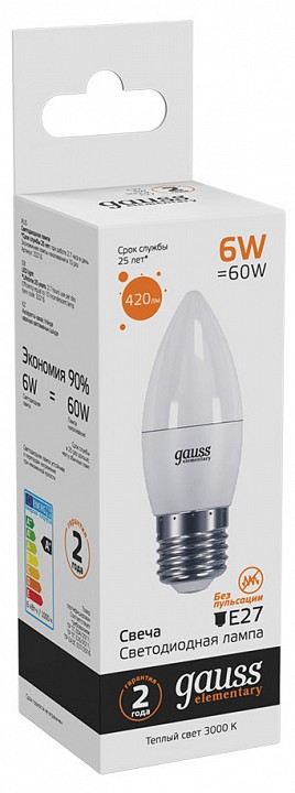 Лампа светодиодная gauss led elementary candle e27 6вт 3000k 33216