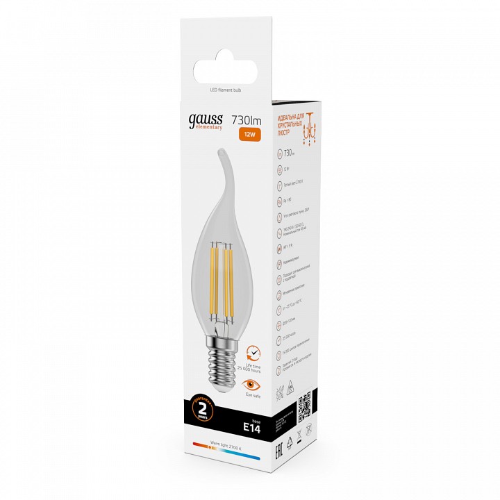 Лампа светодиодная gauss filament elementary e14 12вт 2700k 42112