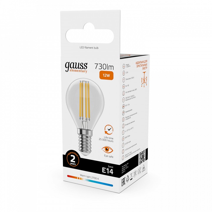 Лампа светодиодная gauss filament elementary e14 12вт 2700k 52112