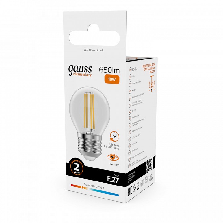 Лампа светодиодная gauss filament elementary e27 10вт 2700k 52210