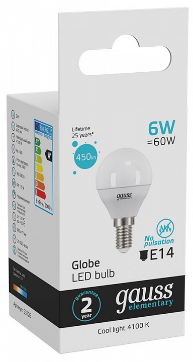 Лампа светодиодная gauss led elementary globe e14 6вт 4100k 53126