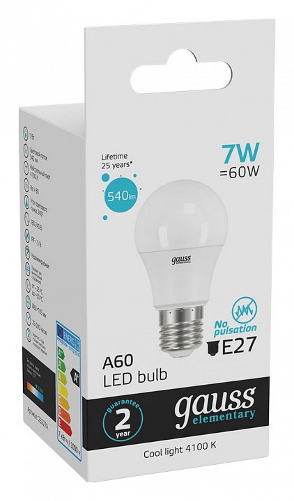 Лампа светодиодная gauss led elementary a60 e27 7вт 4100k 23227a