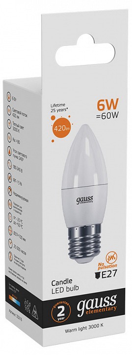 Лампа светодиодная gauss led elementary candle e27 6вт 3000k 33216