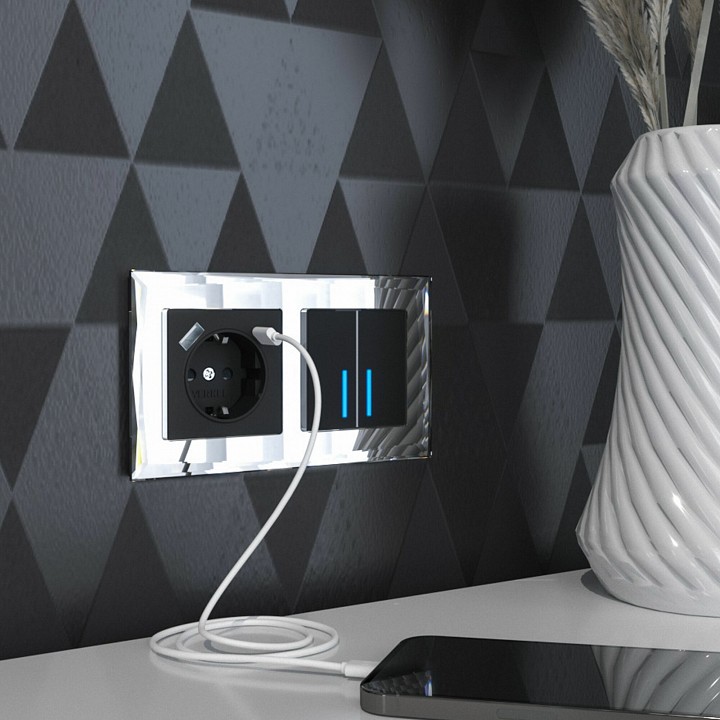 Выключатель двухклавишный с подсветкой без рамки werkel черный w4520008