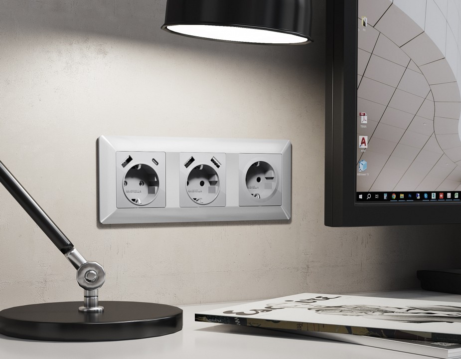Накладка для розетки с заземлением и со шторками и 2хusb type a и c ambrella volt quant ap4100
