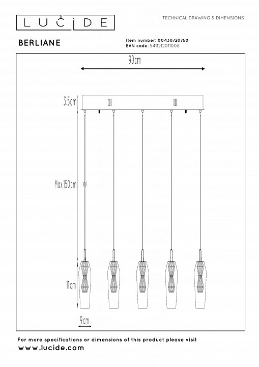 Подвесной светильник lucide berliane 00430/20/60