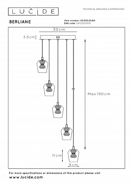 Подвесной светильник lucide berliane 00430/21/60