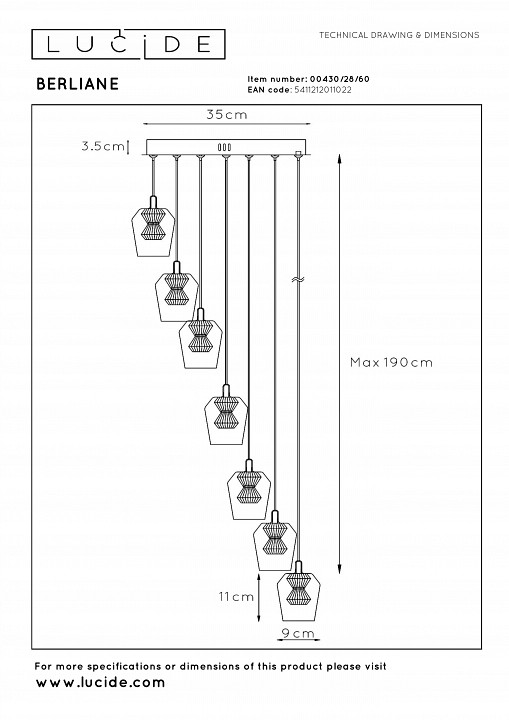 Подвесной светильник lucide berliane 00430/28/60