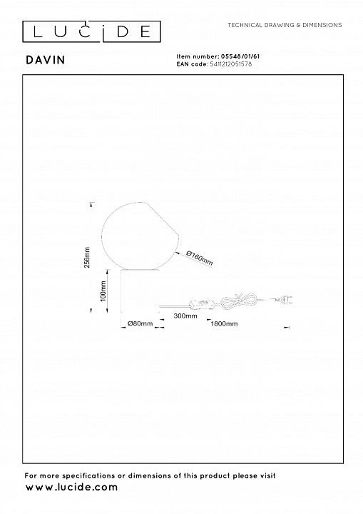 Настольная лампа декоративная lucide davin 05548/01/61