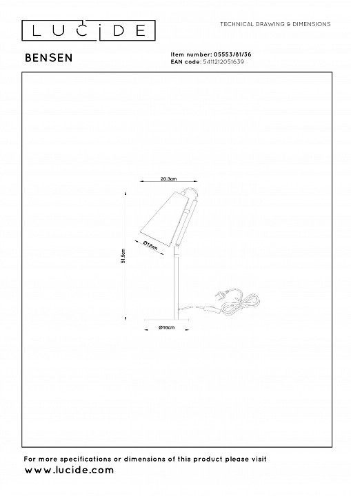 Настольная лампа декоративная lucide bensen 05553/81/36