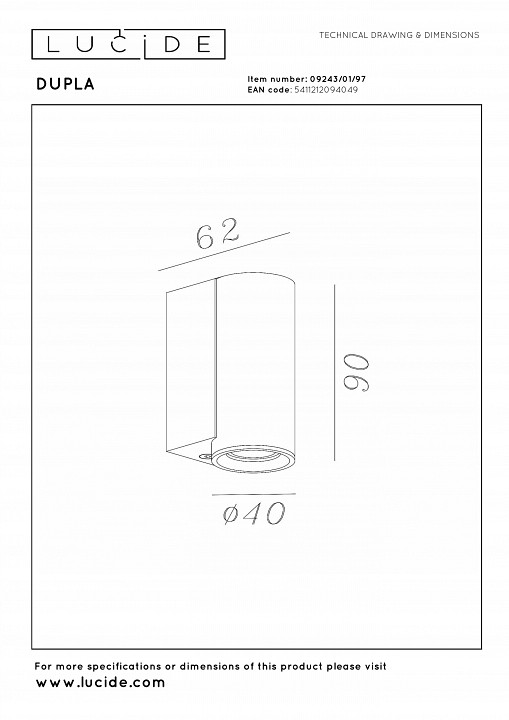 Накладной светильник lucide dupla 09243/01/97