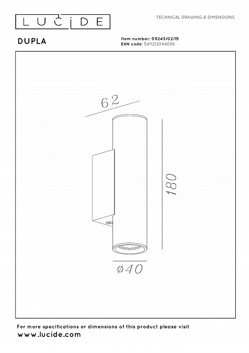 Накладной светильник lucide dupla 9243/02/15