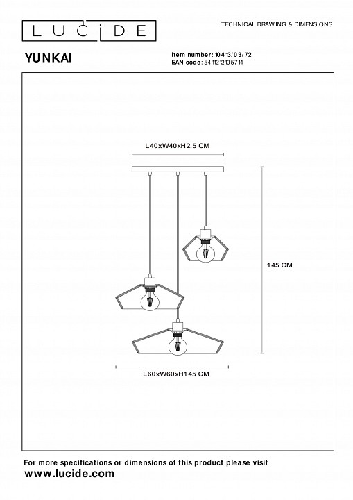 Подвесной светильник lucide yunkai 10413/03/72