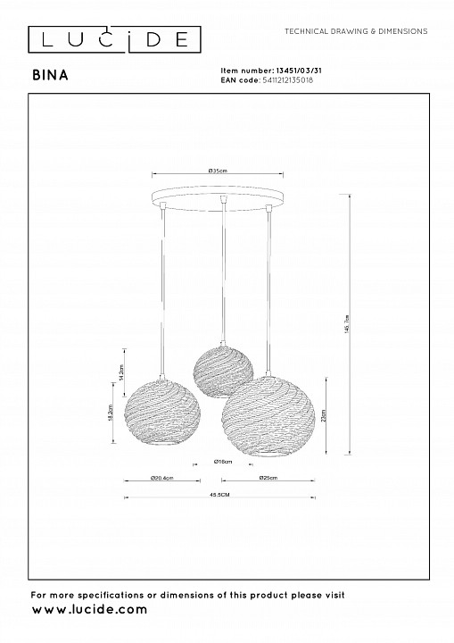 Подвесной светильник lucide bina 3451/03/31