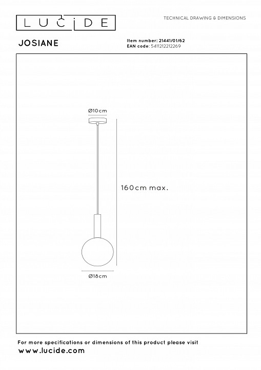 Подвесной светильник lucide josiane 21441/01/62