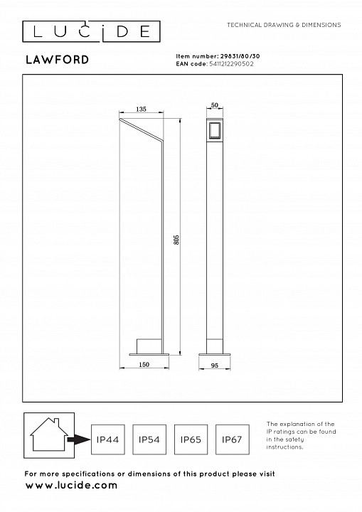 Наземный низкий светильник lucide lawford 29831/80/30