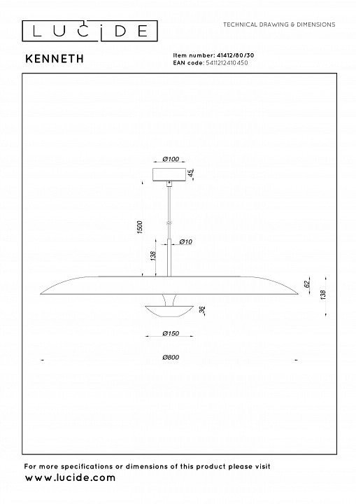 Подвесной светильник lucide kenneth 41412/80/30