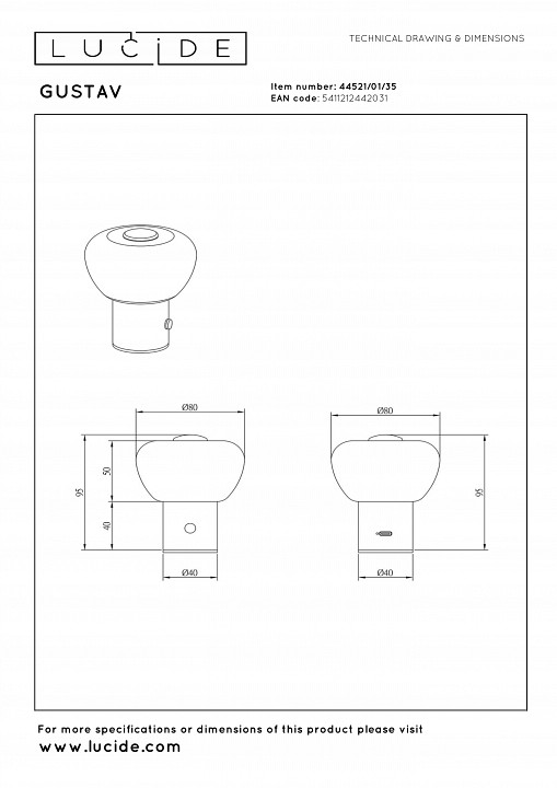 Настольная лампа декоративная lucide gustav 44521/01/35