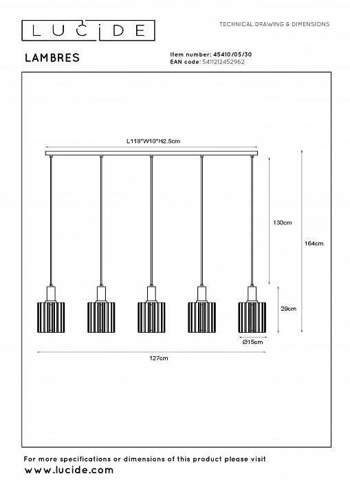Подвесной светильник lucide lambres 45410/05/30