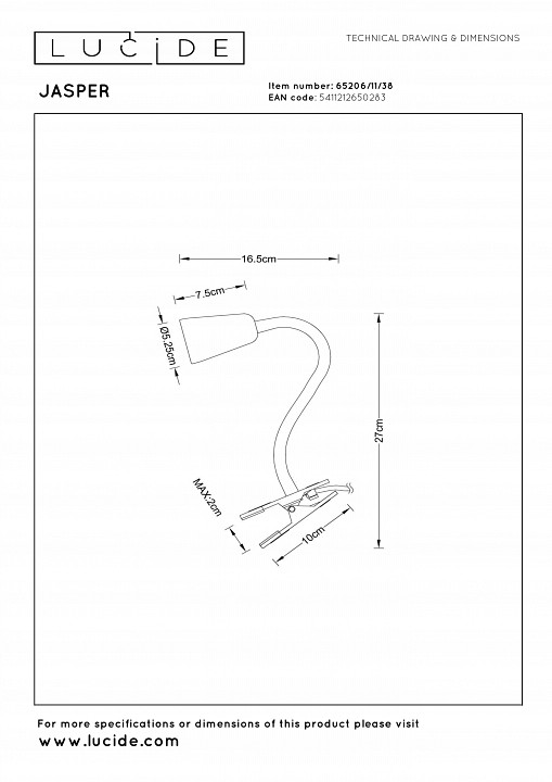 Настольная лампа офисная lucide jasper 65206/11/38
