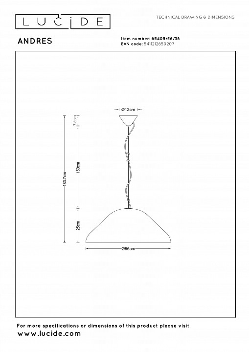 Подвесной светильник lucide andres 65405/56/38