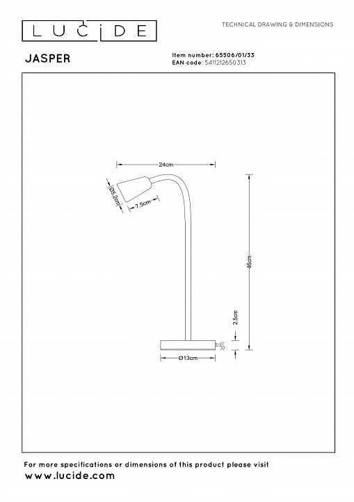 Настольная лампа офисная lucide jasper 65506/01/33