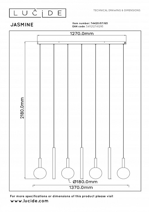 Подвесной светильник lucide jasmine 74420/07/65