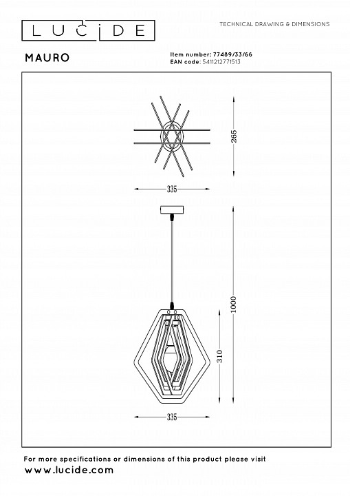 Подвесной светильник lucide mauro 77489/33/66