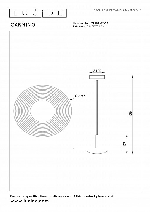 Подвесной светильник lucide carmino 77492/07/55