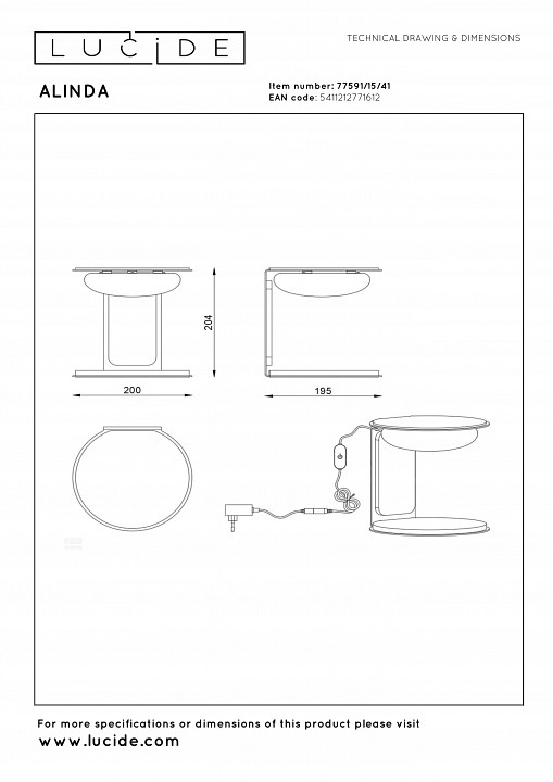 Настольная лампа декоративная lucide alinda 77591/15/41