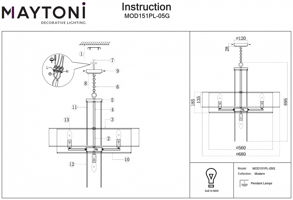 Подвесной светильник maytoni impressive mod151pl-05g