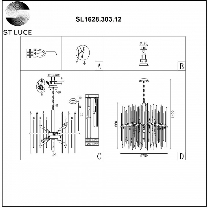 Подвесная люстра st-luce teramo sl1628.303.12