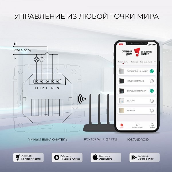 Выключатель сенсорый двухклавишный с подсветкой и функцией wi-fi, Без рамки werkel серебряный w4520606